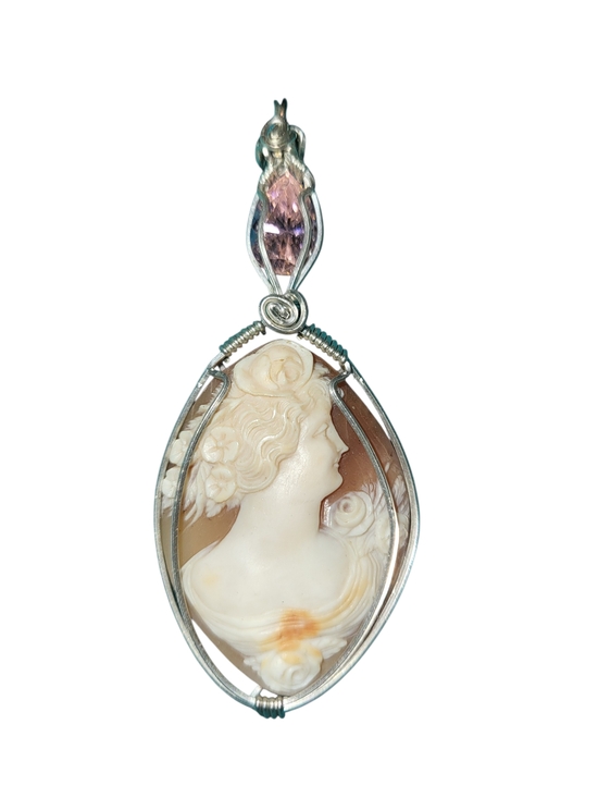Handmade Jewelry - Hand Wrapped Sterling Italian Cameo with Facet Moissinite Pendant